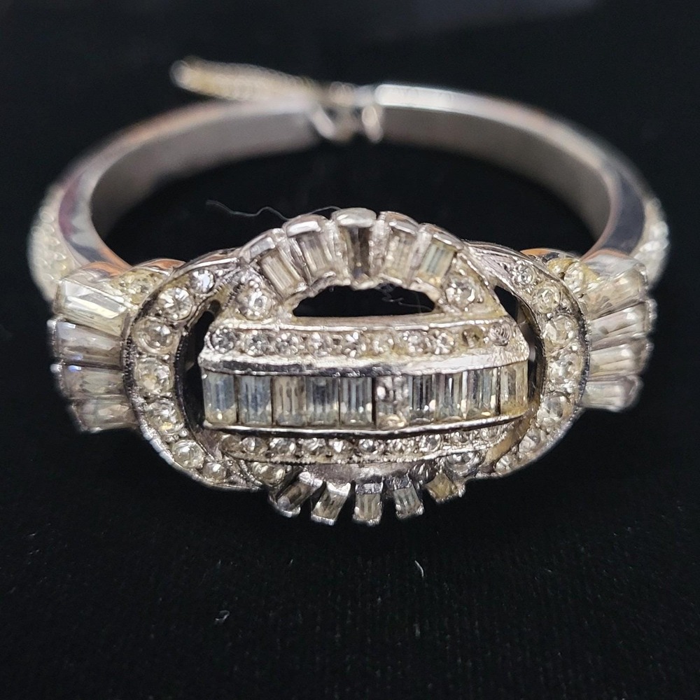 Vintage DORSONS‎ Signed Art Deco Rhinestone Rhodium Hinged Cuff Bracelet AS IS